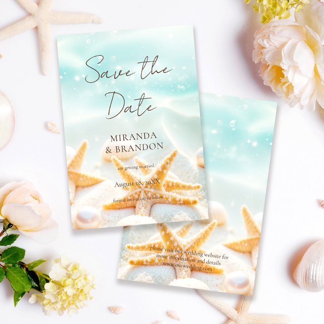 Save The Date Elegant Modern Starfish Shells Ocean Beach Wedding (Créateur téléchargé)