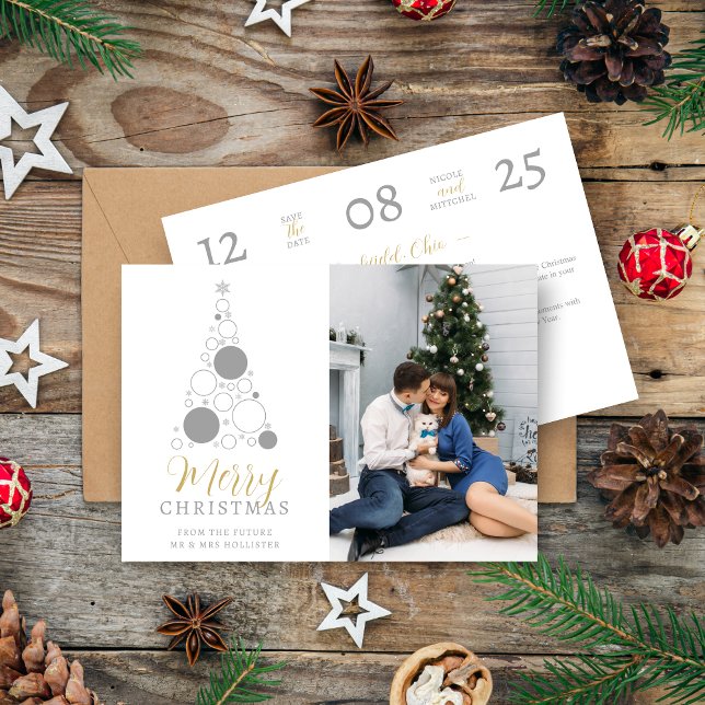 Save The Date Elegant Modern Wedding Christmas Tree (Elegant Modern Wedding Christmas Tree Photo in Grey and Fake Gold Holiday as a Save the Date.)