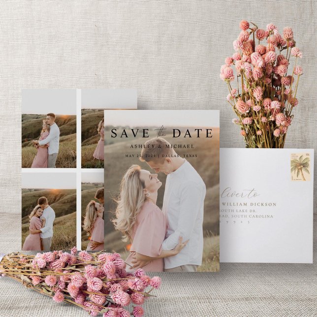 Save The Date Élégant Moderne 5 Photo Simple Fiançailles Script (Easily personalize this wedding save the date with 5 photos and your deets!)