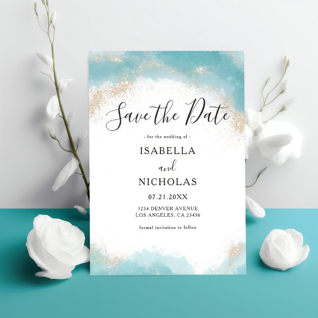 Save The Date Élégant Moderne Aquarelle Bleue Mariage Or (Créateur téléchargé)