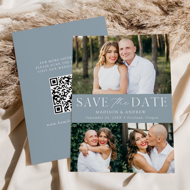 Save The Date Élégant Moderne Bleu Poussiéreux Code QR 3 Photos (Créateur téléchargé)