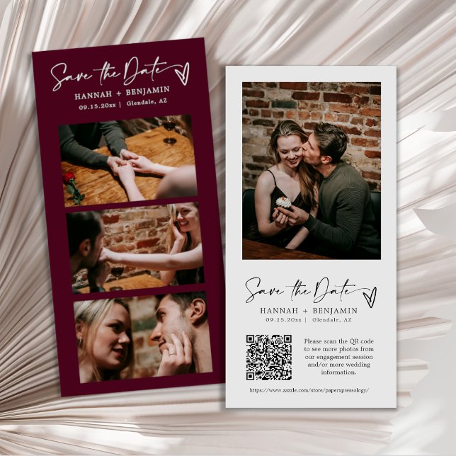 Save The Date Elégant Moderne Bourgogne Photo Booth Strip QR Cod (Créateur téléchargé)