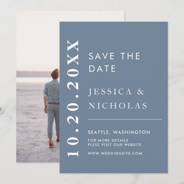 Save The Date Elégant moderne Dusty Blue Simple Mariage Photo (Devant / Derrière)