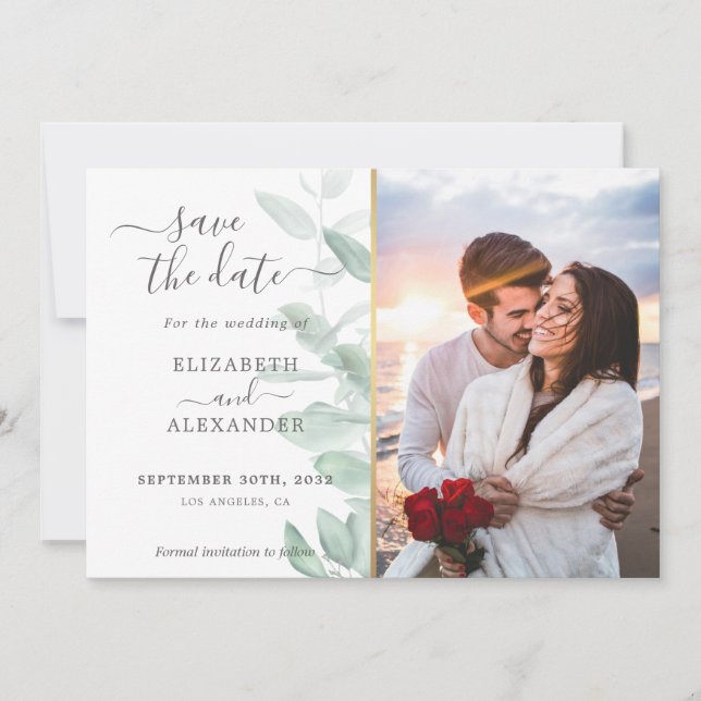 Save The Date Elégant moderne eucalyptus vert mariage photo (Devant)