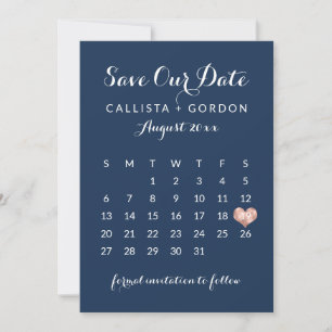 Save The Date Élégant moderne Marine Bleu Rose Gold Heart Calend