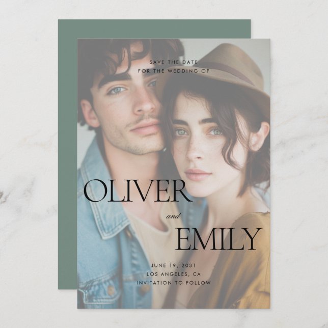 Save The Date Élégant moderne Nettoyage Sage Full Photo Mariage (Devant / Derrière)