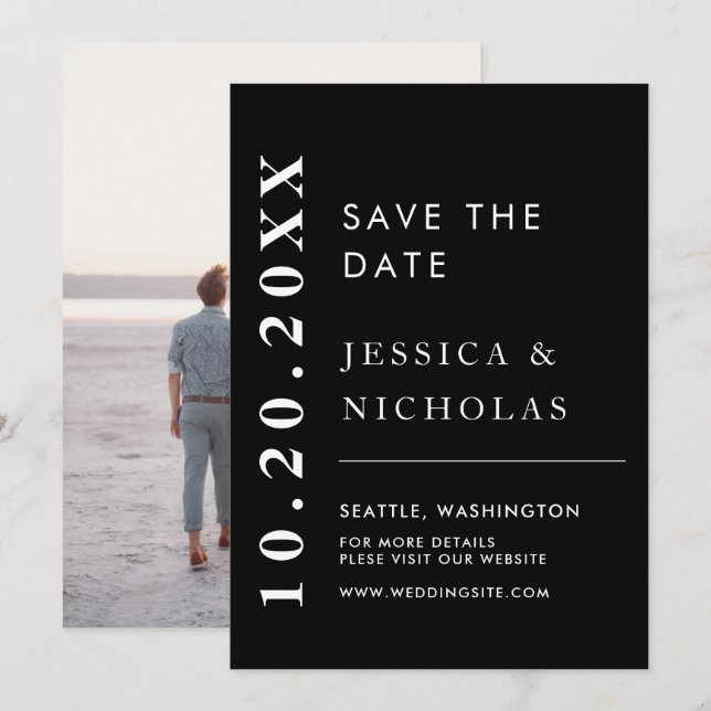 Save The Date Elégant moderne noir & blanc Simple photo Mariage (Devant / Derrière)