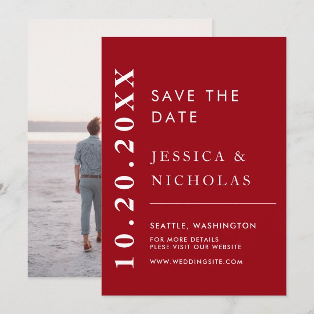 Save The Date Elégant moderne rouge & blanc Simple Mariage photo (Devant / Derrière)