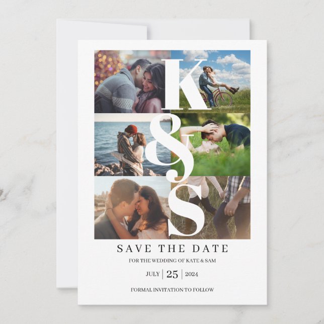 Save The Date Élégant Moderne Simple Photo Collage Nom Initiales (Devant)