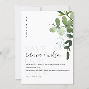 SAVE THE DATE ELÉGANT MODERNE VERT EUCALYPTUS FOLIAGE EAU COULEU