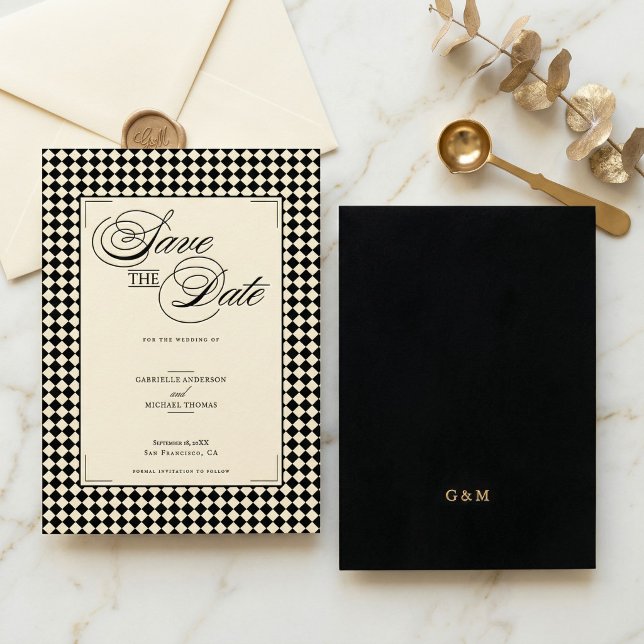 Save The Date Elegant Monogram Black Cream Checkerboard (Créateur téléchargé)