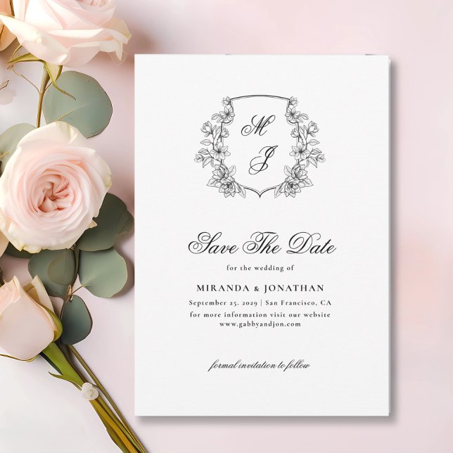 Save The Date Élégant Monogram Crest Photo noir blanc Mariage (Créateur téléchargé)