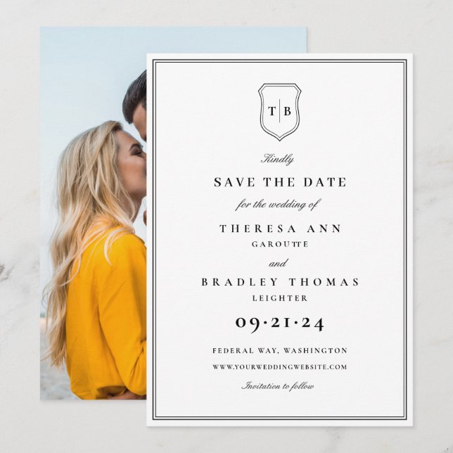 Save The Date Élégant Monogramme Black Crest Photo Enregistrer L (Devant / Derrière)