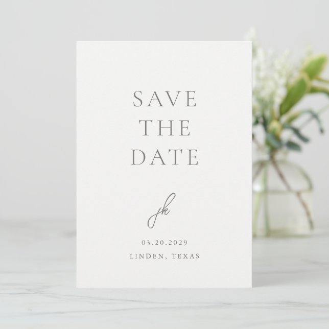 Save The Date Élégant Monogramme de Mariage en Écriture Grise (Debout devant)