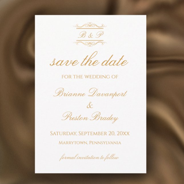 Save The Date Élégant Monogramme de Mariage Moderne Or et Blanc (Personalize this save the date template for an elegant simple golden monogram wedding invitation.
)