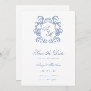 Save The Date Élégant Monogramme Dusty Blue Crest Mariage