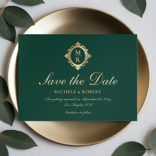 Save The Date Élégant Monogramme Emerald Green Mariage or