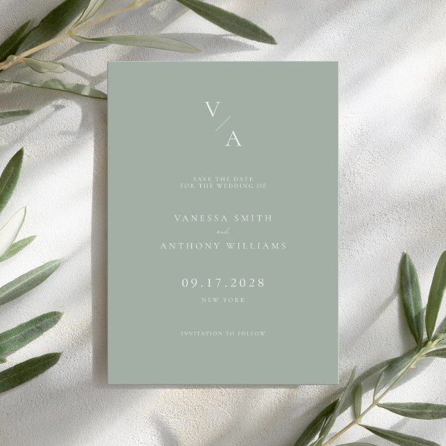 Save The Date Élégant Monogramme moderne Sage Mariage vert (Créateur téléchargé)