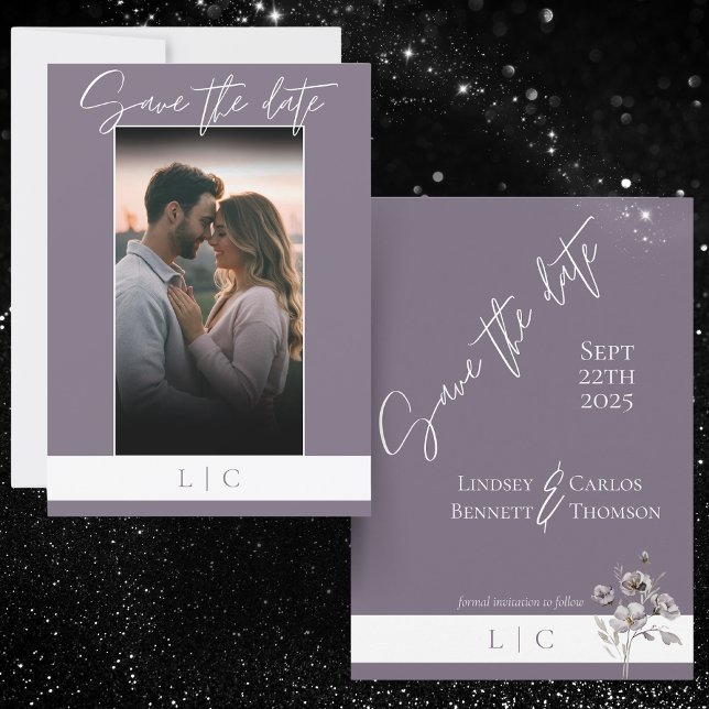 Save The Date Élégant Monogramme Photo Caligraphie Pourpre foncé (Créateur téléchargé)