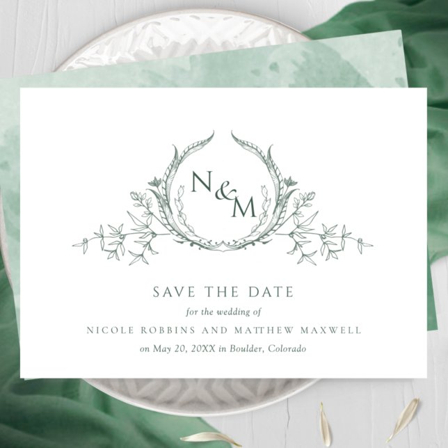 Save The Date Élégant monogramme vert d'aquarelle (Créateur téléchargé)