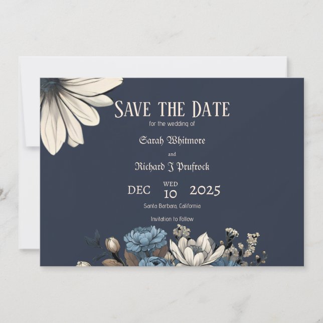 Save The Date Elégant Moody Navy Blue Floral (Devant)