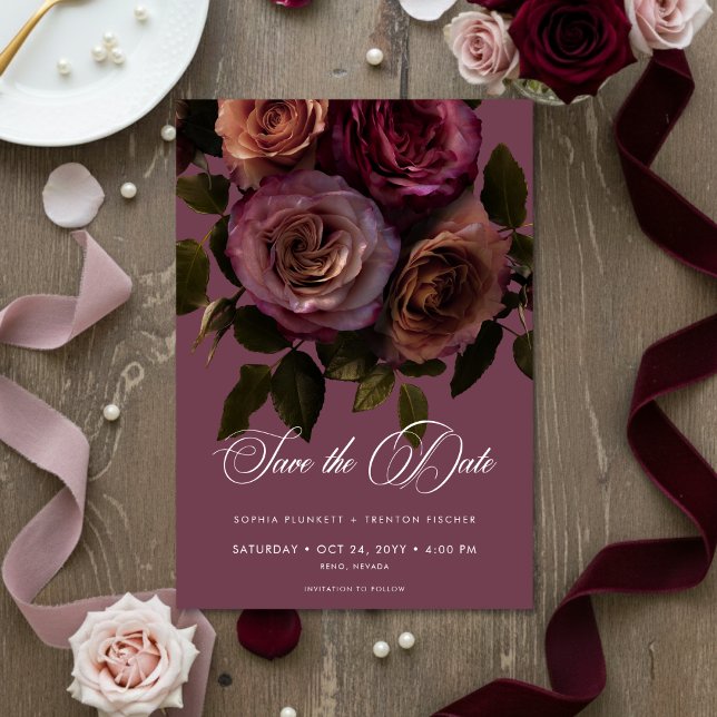 Save The Date Elegant Moody Soft Rust & Burgundy Floral Wedding (Créateur téléchargé)
