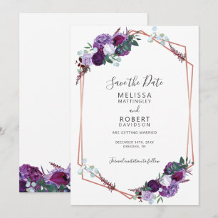 Save The Date Élégant motif floral géométrique violet Script