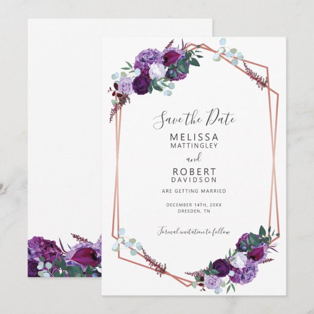 Save The Date Élégant motif floral géométrique violet Script (Devant / Derrière)