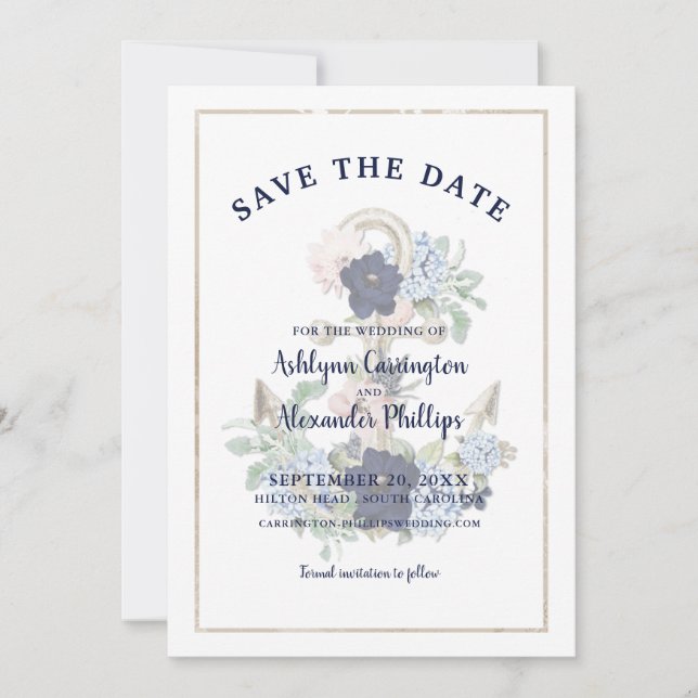 Save The Date Elégant Nautique Floral Ancre Marine Blue Champagn (Devant)