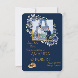 Save The Date Elegant Navy Blue and Gold Floral Photo