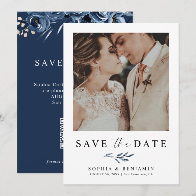 Save The Date Elegant Navy Blue Floral Photo & QR Code Wedding  (Devant / Derrière)