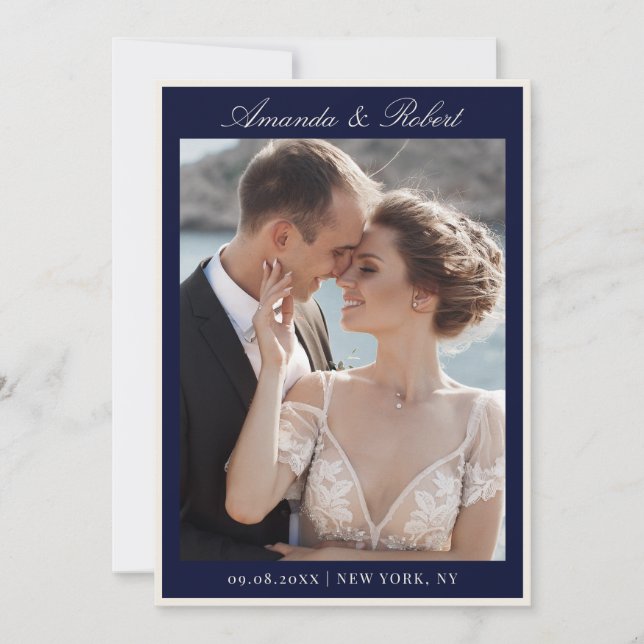 Save The Date Elegant Navy Blue Old Money Photo Wedding (Devant)