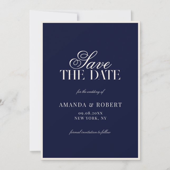 Save The Date Elegant Navy Blue Old Money Wedding (Devant)