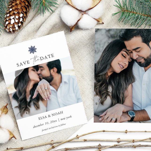 Save The Date Elegant Navy Blue Snowflake deux photos mariage (Créateur téléchargé)