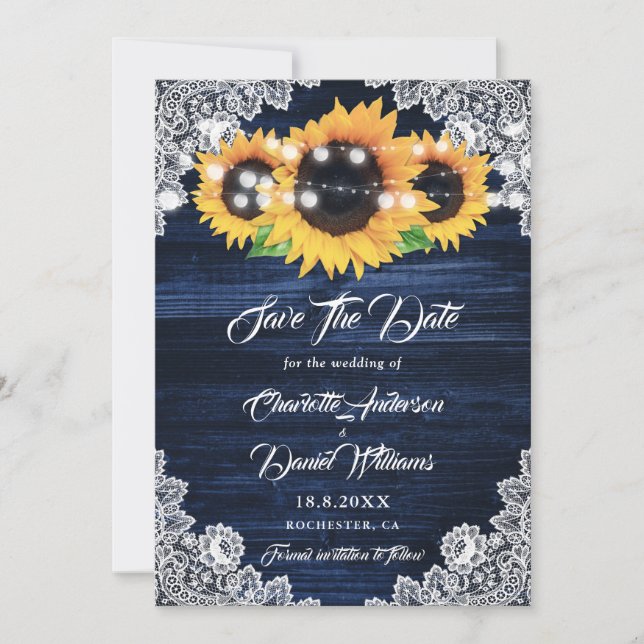 Save The Date Elegant Navy Blue Wood Lace Sunflower Wedding (Devant)