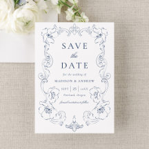 Elegant Navy Ornate Floral Frame Wedding