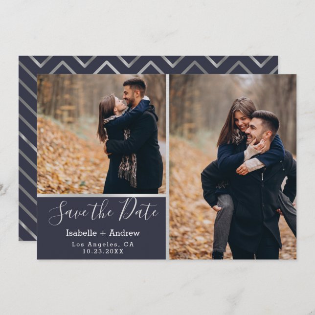 Save The Date Elegant Navy Silver Photo Collage Enregistrer la d (Devant / Derrière)