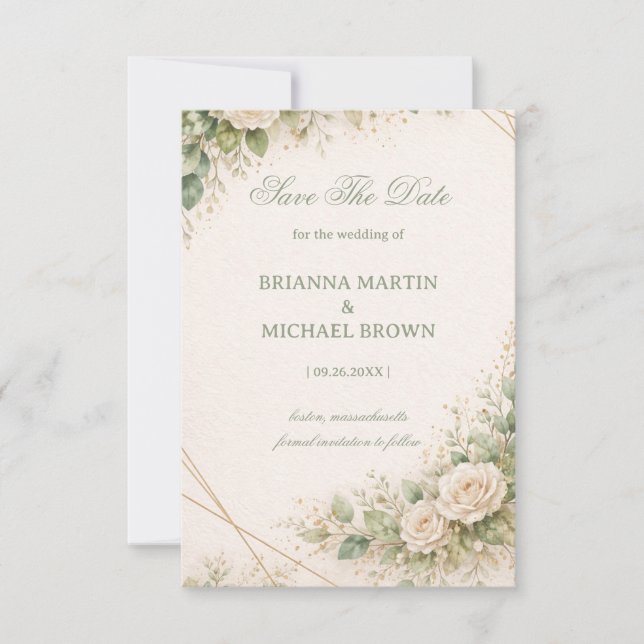 Save The Date Elegant Neutral Greenery Floral (Devant)