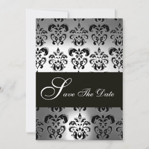 Save The Date ÉLÉGANT NOIR BLACÉ GRAY DAMASK Mariage MONOGRAM