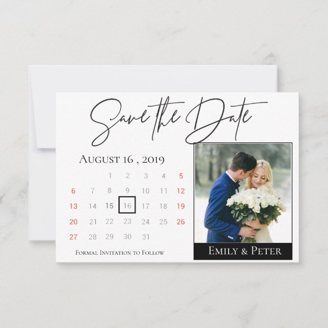 Save The Date Élégant noir blanc Script Calendrier Mariage Photo (Devant)