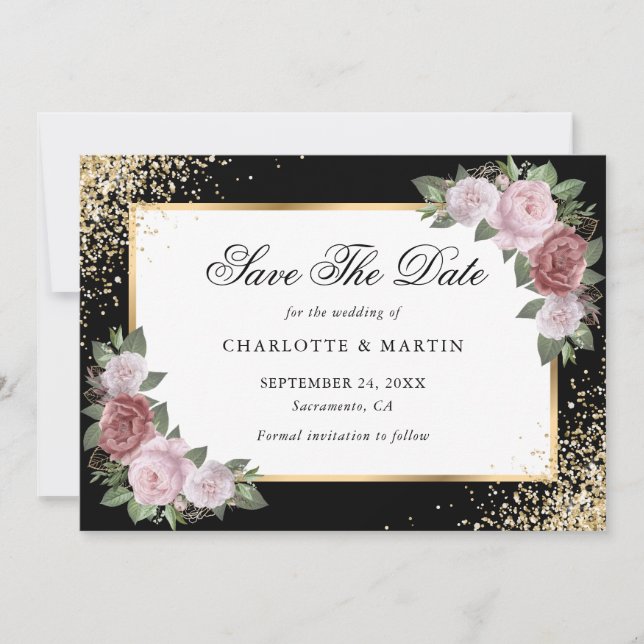 Save The Date Élégant Noir Confetti Blush Floral Mariage (Devant)