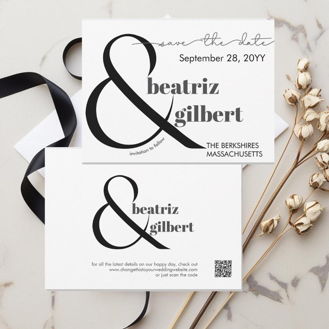 Save The Date Elégant noir et blanc et enregistrer la date (Modern clean ampersand wedding save the date in classic black and white)