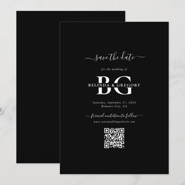 Save The Date Élégant Noir et Blanc Monogramme Initiales Mariage (Devant / Derrière)