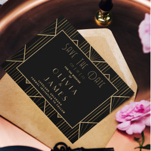 Save The Date Elégant Noir & Or Art Déco Grand Mariage Gatsby