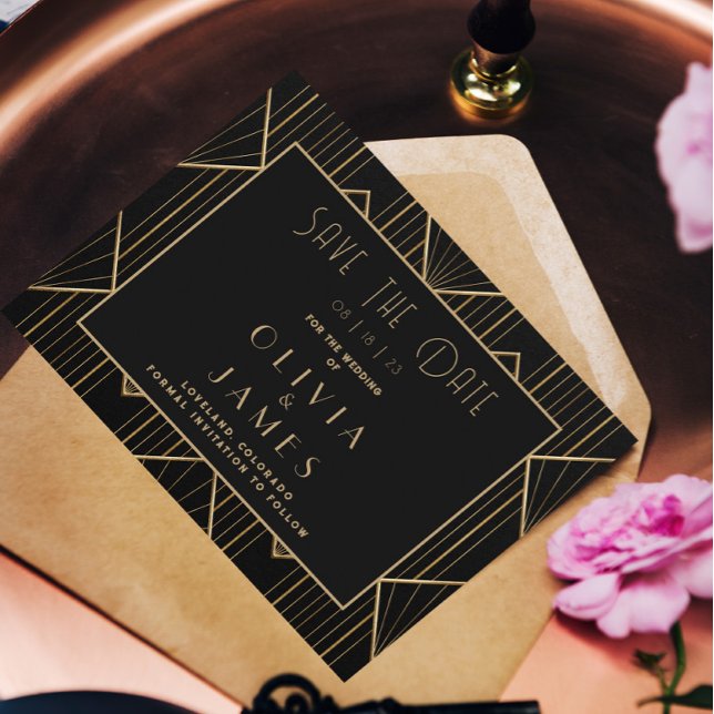 Save The Date Elégant Noir & Or Art Déco Grand Mariage Gatsby (Créateur téléchargé)