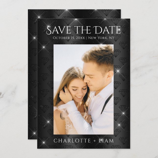 Save The Date Élégant Noir Paillettes Diamant Photo Enregistrer  (Devant / Derrière)