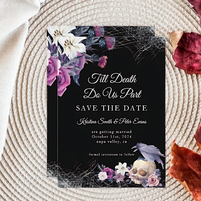 Save The Date Élégant noir violet gothique Mariage crâne floral (Créateur téléchargé)