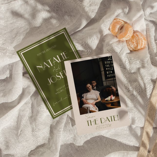 Save The Date Elegant Olive Green Ivory Old Money Photo Wedding (Créateur téléchargé)