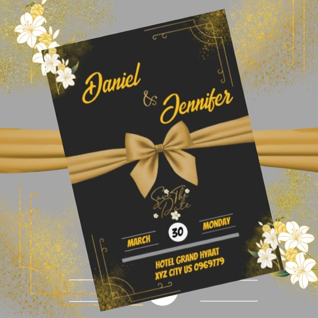 Save The Date Élégant Or & Noir Avec Fleurs Blanches Mariage  (Créateur téléchargé)