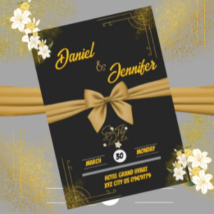 Save The Date Elégant or & noir avec Mariage floral blanc